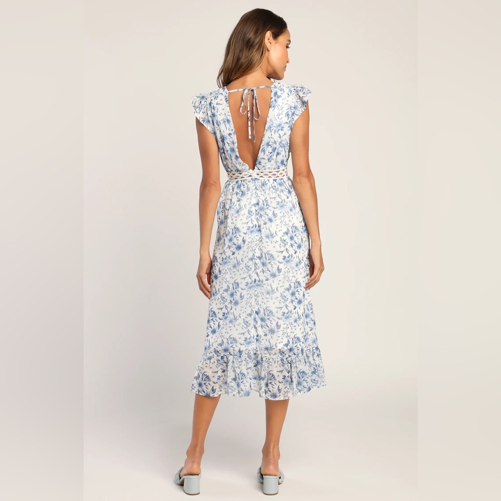 Lulus Make Things Shine White & Blue Floral Print Midi Dress